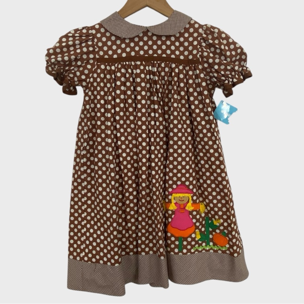 Monday's Child NEW Brown White Polka Dot Embroidered Scarecrow Pumpkin Dress 4T